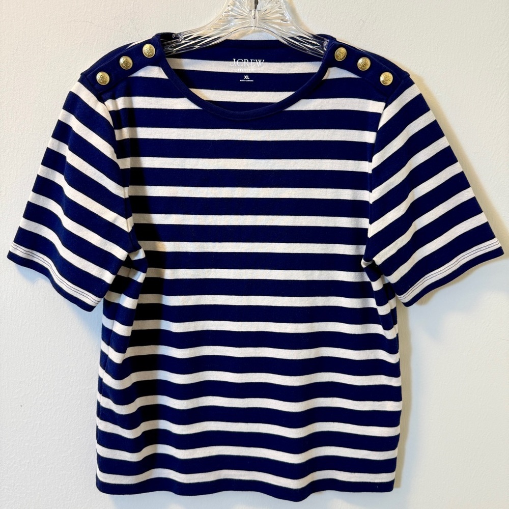 J.Crew Striped Nautical Top Navy White Gold Button Detail Size XL
